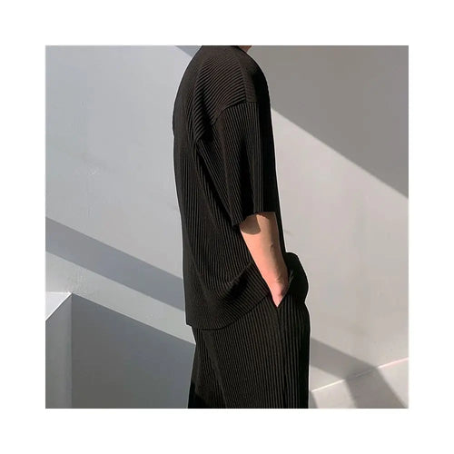 MRCYC pleated short sleeved T shirt for men in summer Japanese style loose hanging feeling half sleeved Korean style trendy pleated round neck T shirt image 4