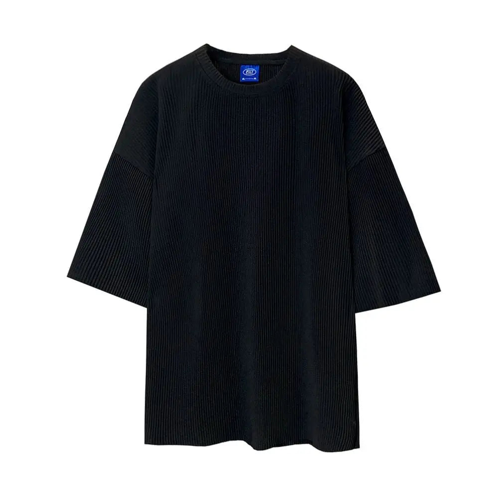 MRCYC pleated short sleeved T shirt for men in summer Japanese style loose hanging feeling half sleeved Korean style trendy pleated round neck T shirt image 5