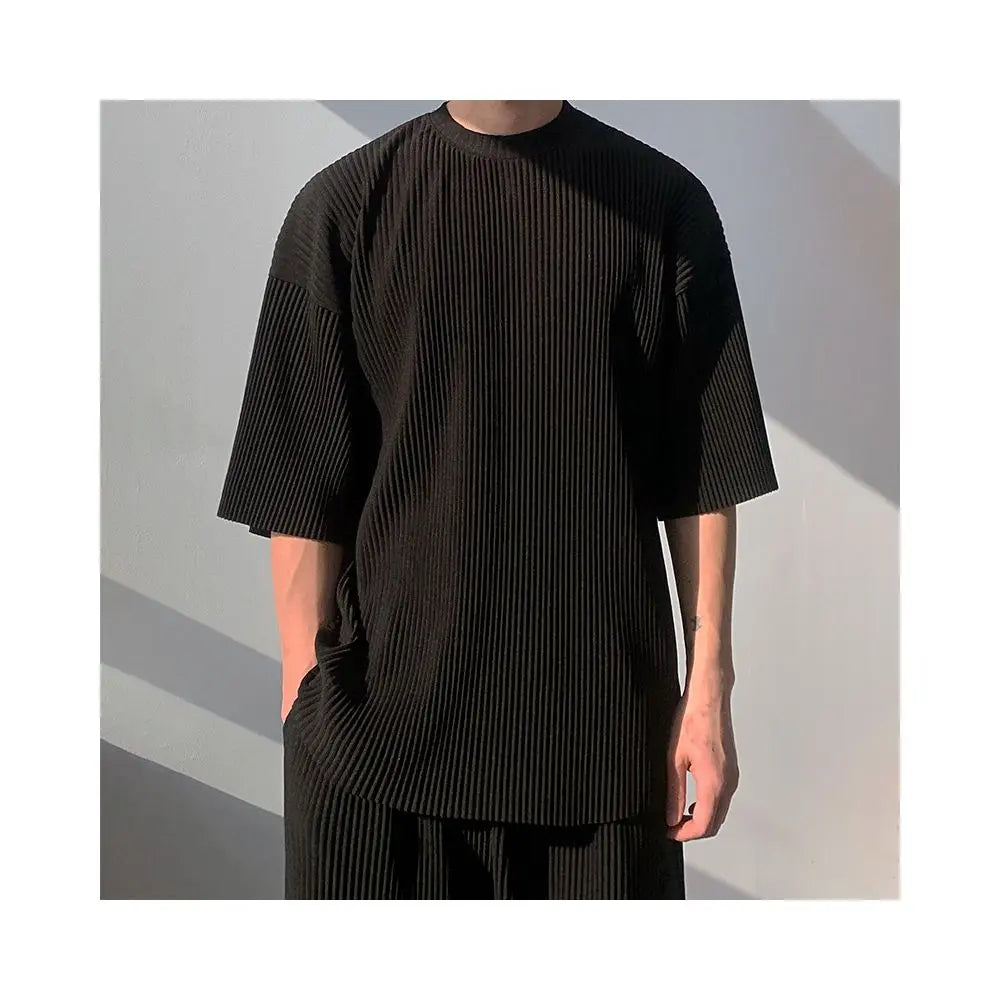 MRCYC pleated short sleeved T shirt for men in summer Japanese style loose hanging feeling half sleeved Korean style trendy pleated round neck T shirt image 0