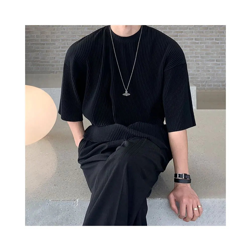 JAPANESE PLEATED LOOSE FIT ROUND-NECK T-SHIRT Mrcyc
