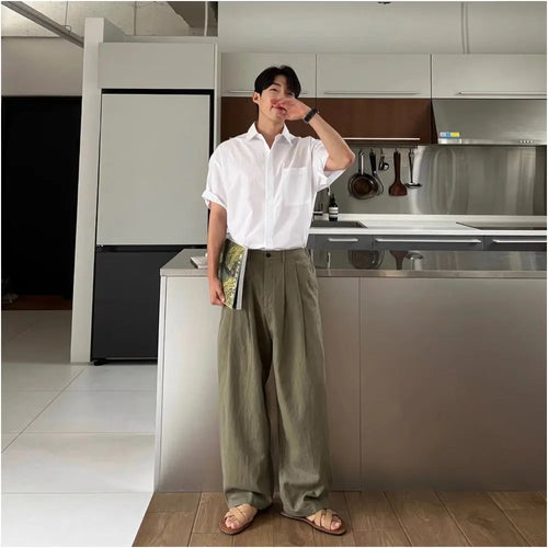 Military green linen suit trousers for men spring and autumn high end loose straight leg draping cotton and linen trousers wide leg casual trousers image 2