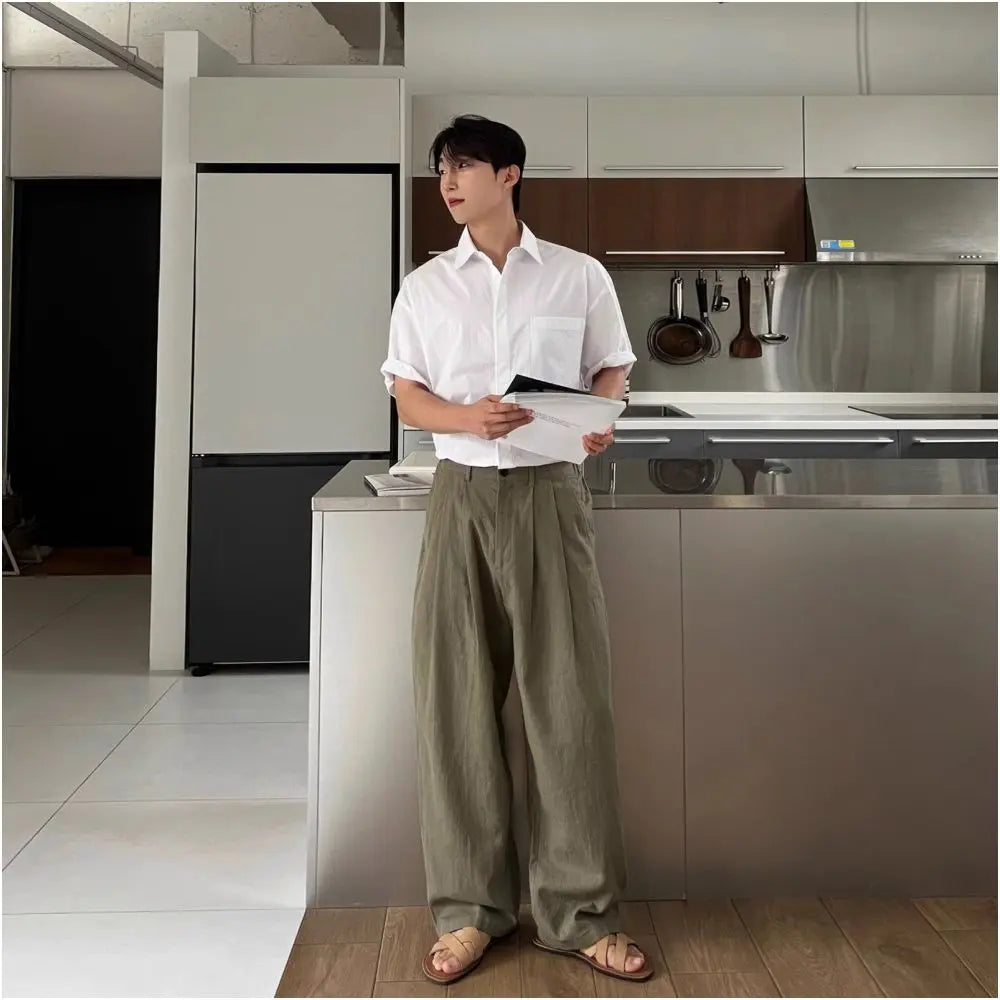 Military green linen suit trousers for men spring and autumn high end loose straight leg draping cotton and linen trousers wide leg casual trousers image 3