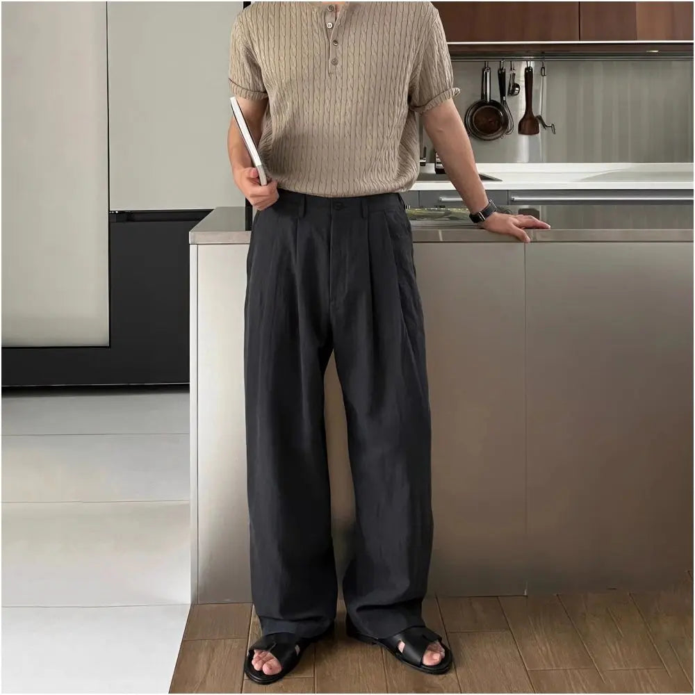 Military green linen suit trousers for men spring and autumn high end loose straight leg draping cotton and linen trousers wide leg casual trousers image 4