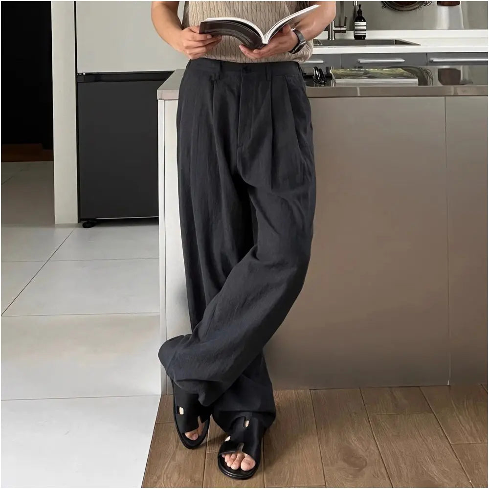 Military green linen suit trousers for men spring and autumn high end loose straight leg draping cotton and linen trousers wide leg casual trousers image 5