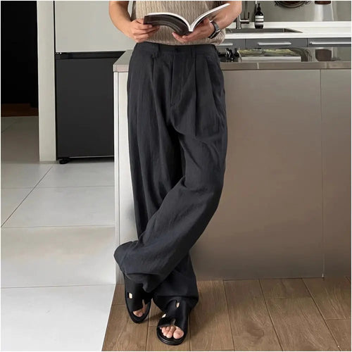 Military green linen suit trousers for men spring and autumn high end loose straight leg draping cotton and linen trousers wide leg casual trousers image 5