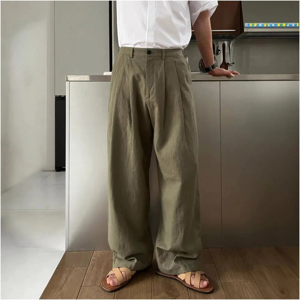 Military green linen suit trousers for men spring and autumn high end loose straight leg draping cotton and linen trousers wide leg casual trousers image 0