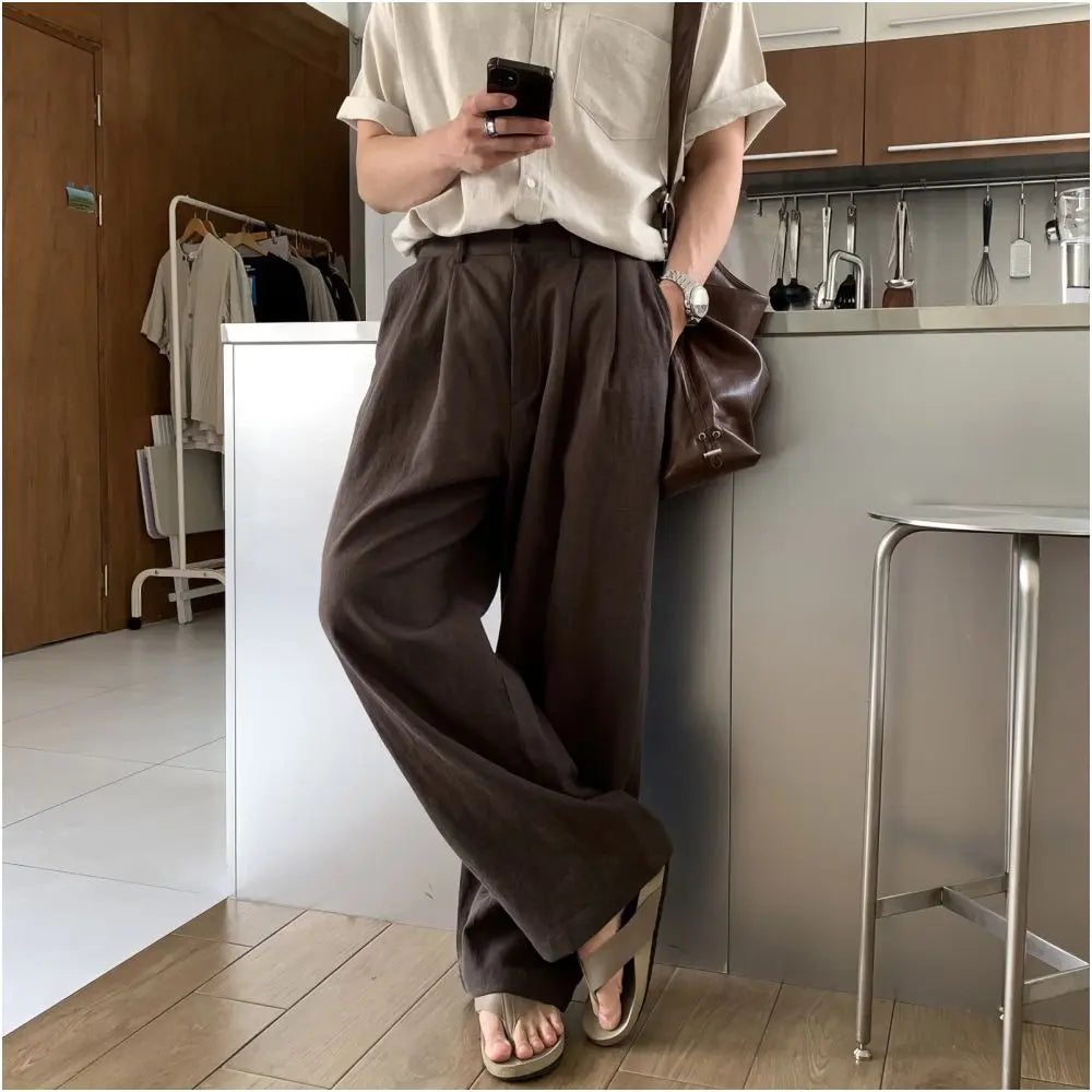 MILITARY GREEN COTTON-LINEN WIDE-LEG TROUSERS DAVID&ME