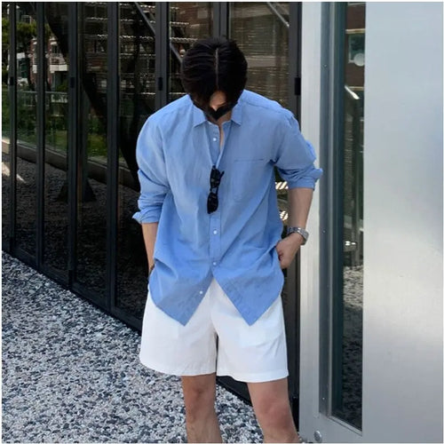 Summer shirt blue casual top men s shirt American style South Korea Dongdaemun men s fashion design shirt image 3