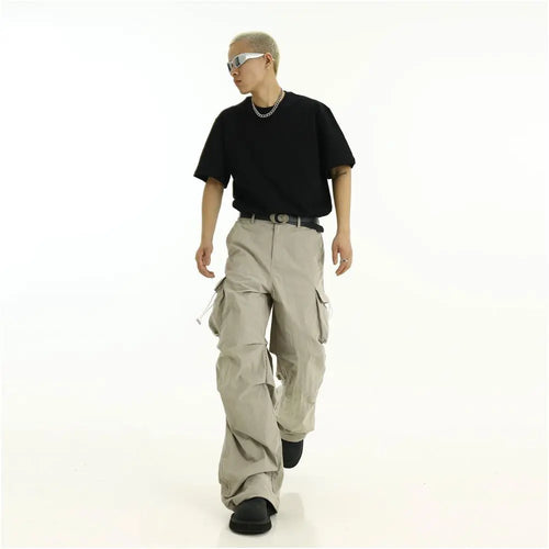 American functional work pants men s high street ruff and handsome pleated loose and versatile casual pants image 5