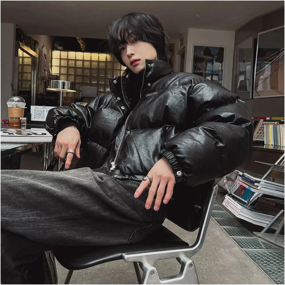 STAND COLLAR PU LEATHER COTTON JACKET