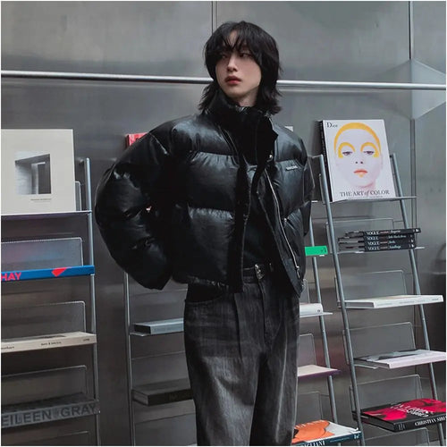 MRCYC premium PU leather short cotton jacket men s winter loose warm jacket Korean trend stand up collar cotton jacket image 4
