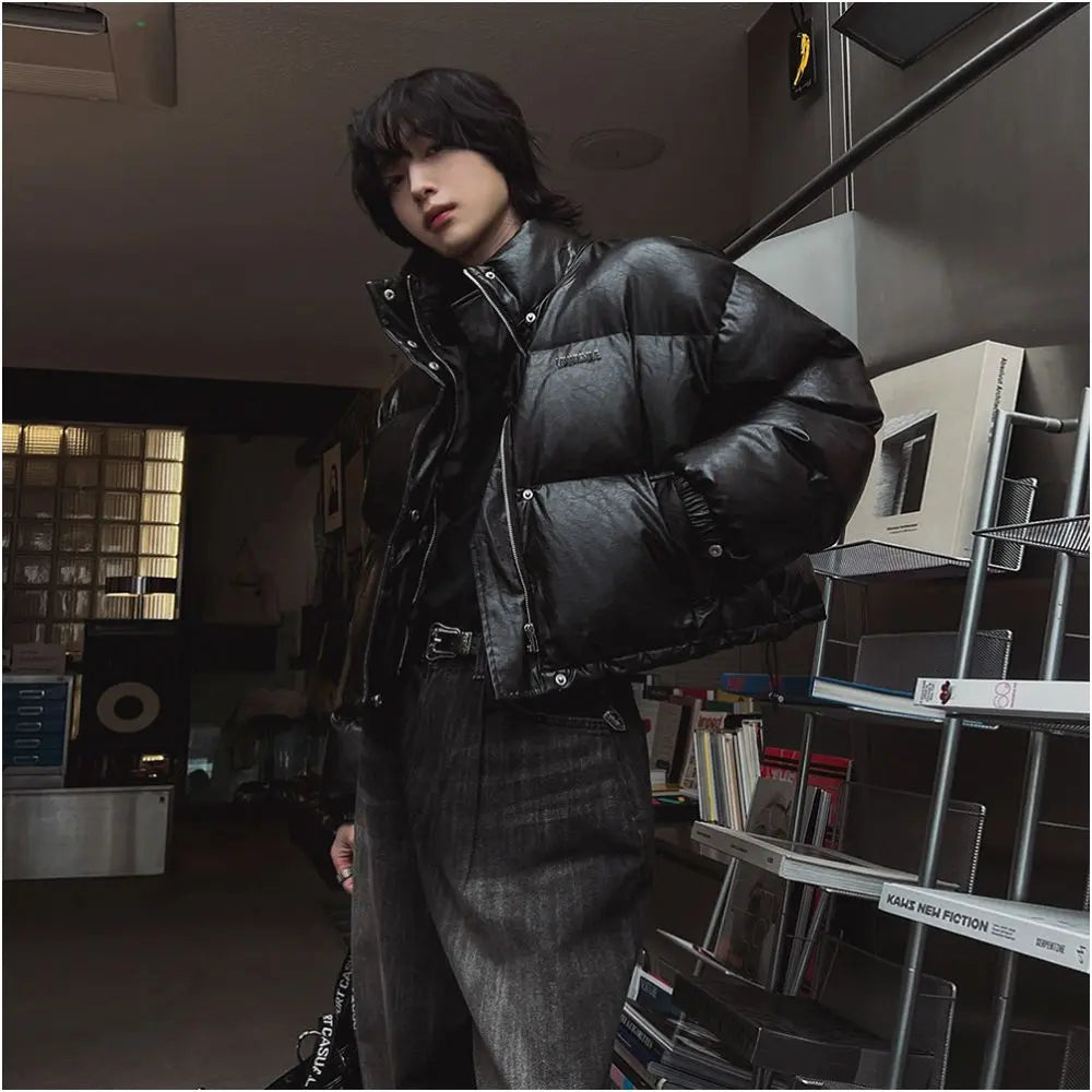 STAND COLLAR PU LEATHER COTTON JACKET