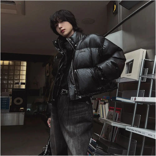 KOREAN STAND COLLAR PU LEATHER COTTON JACKET Mrcyc