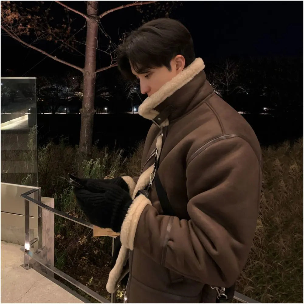 SUEDE STAND COLLAR LAMBSWOOL COTTON COAT