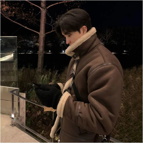 MRCYC Suede Stand Collar Cotton Coat for Men Loose Fit Warm Cotton padded Jacket Korean Style Trendy Lambswool Coat image 1