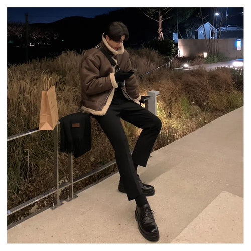 MRCYC Suede Stand Collar Cotton Coat for Men Loose Fit Warm Cotton padded Jacket Korean Style Trendy Lambswool Coat image 4