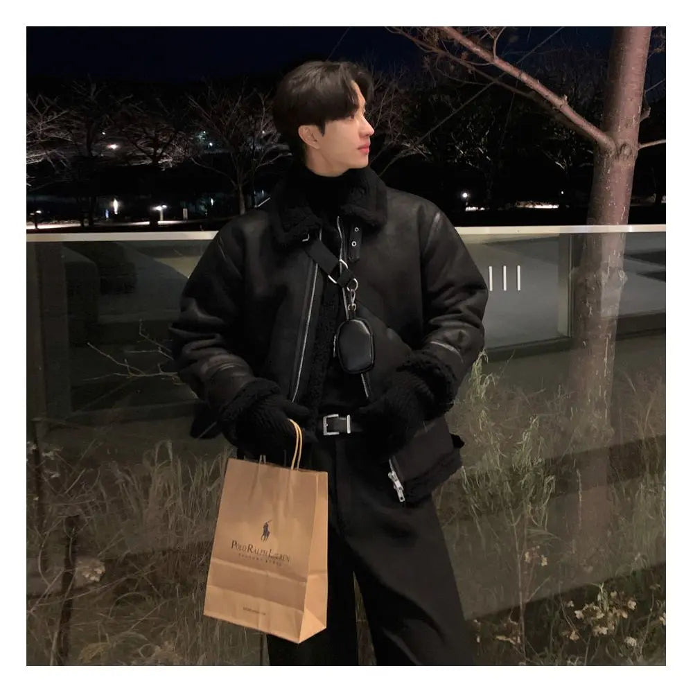 KOREAN SUEDE STAND COLLAR LAMBSWOOL COTTON COAT Mrcyc