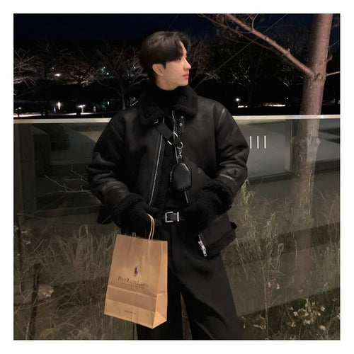 KOREAN SUEDE STAND COLLAR LAMBSWOOL COTTON COAT Mrcyc