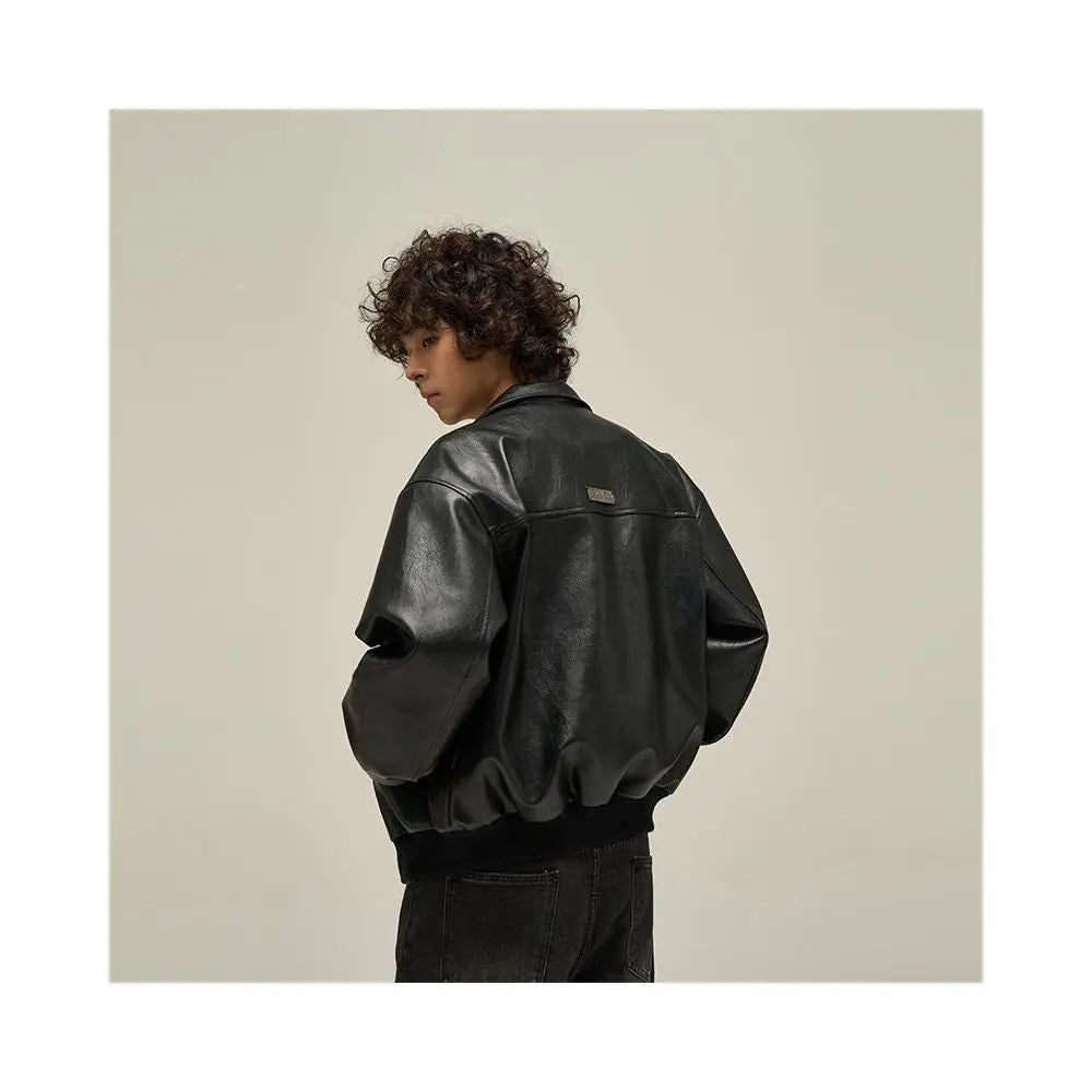 Oulang s store American retro leather jacket men s trendy high end fashion brand European and American street ruffian handsome boyfriend jacket couple image 5