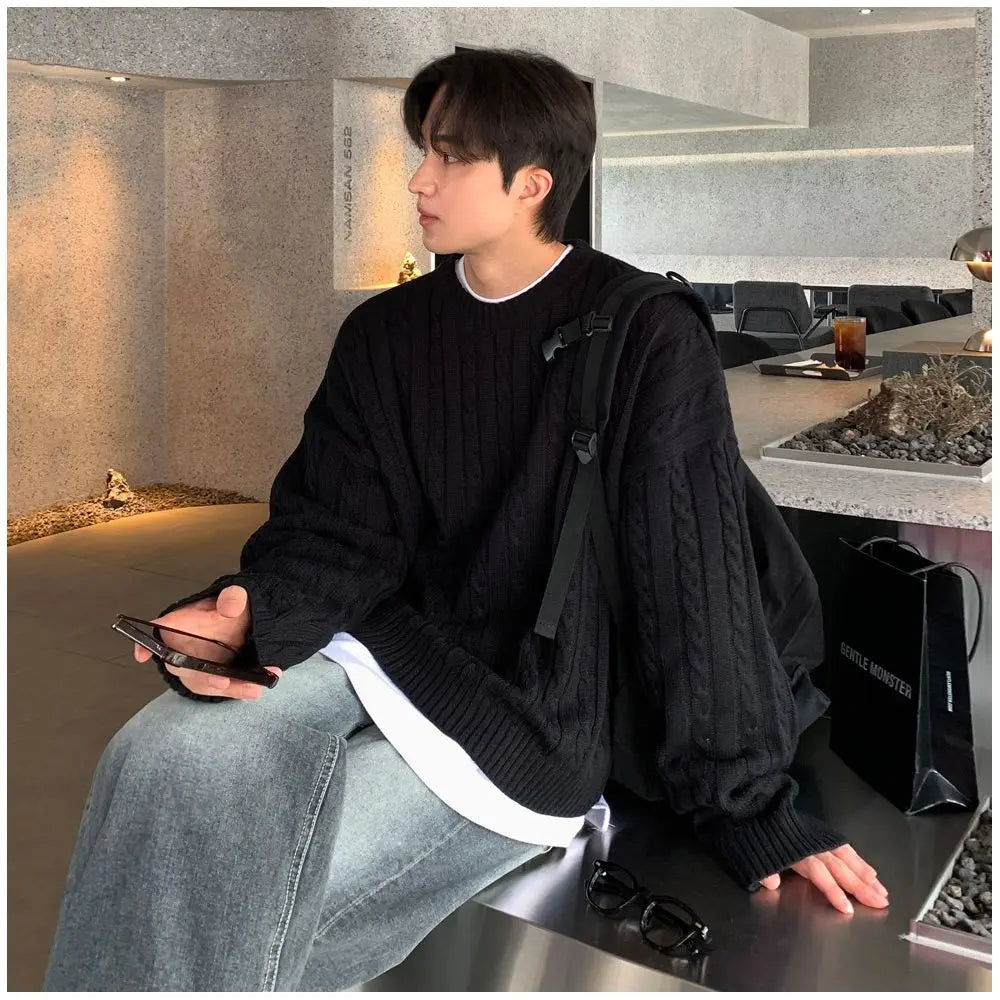 JAPANESE TEXTURED ROUND-NECK LOOSE KNIT SWEATER Mrcyc