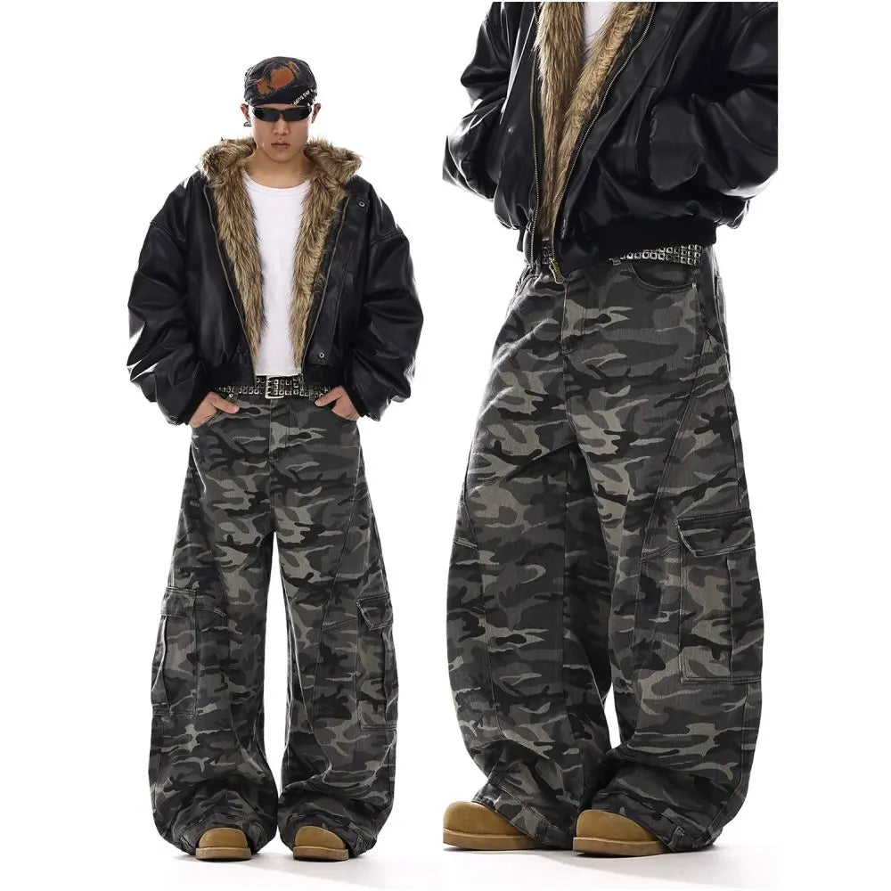 American retro camouflage curved knife jeans men s trendy brand high street pocket design sense straight tube casual loose work pants image 1