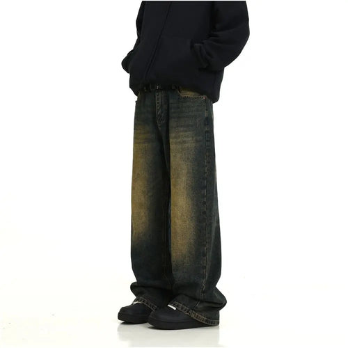 Retro vintage washed denim jeans for men American high street yellow mud dyed mop dad pants street loose straight leg pants image 2