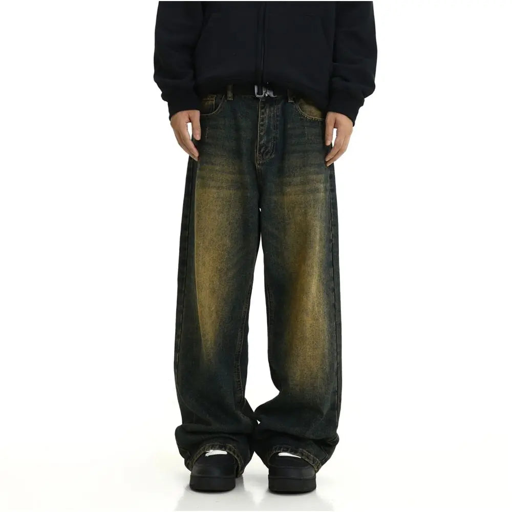 Retro vintage washed denim jeans for men American high street yellow mud dyed mop dad pants street loose straight leg pants image 3