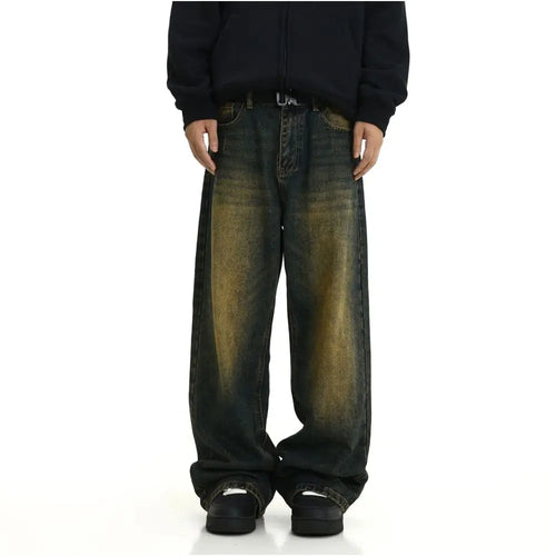 Retro vintage washed denim jeans for men American high street yellow mud dyed mop dad pants street loose straight leg pants image 3