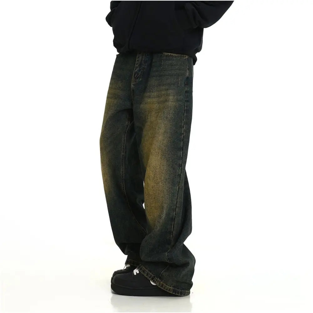 Retro vintage washed denim jeans for men American high street yellow mud dyed mop dad pants street loose straight leg pants image 4