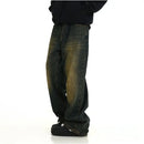 Retro vintage washed denim jeans for men American high street yellow mud dyed mop dad pants street loose straight leg pants image 4