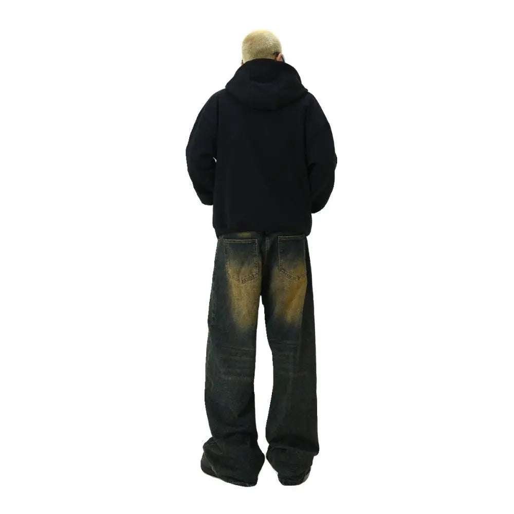 Retro vintage washed denim jeans for men American high street yellow mud dyed mop dad pants street loose straight leg pants image 5