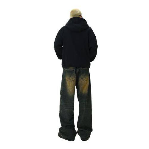 Retro vintage washed denim jeans for men American high street yellow mud dyed mop dad pants street loose straight leg pants image 5