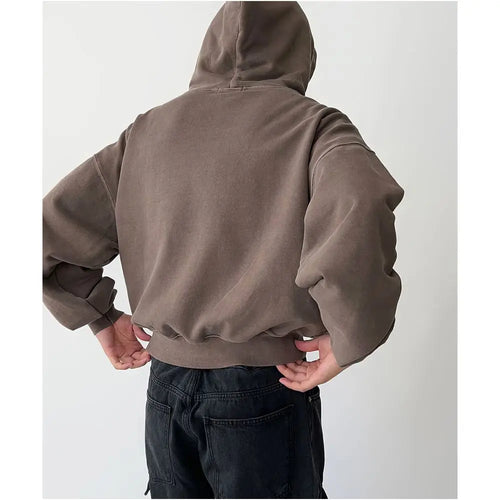 Brown short hooded sweatshirt for men in spring and autumn new style from Dongdaemun South Korea retro style heavy industry high end sense top jacket image 3