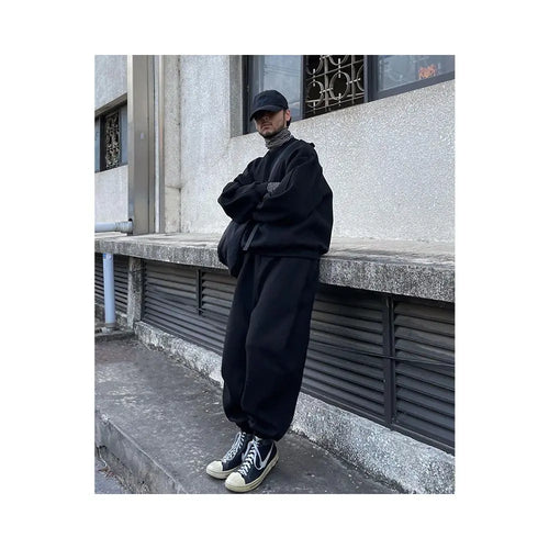 Black couple plus size sports hoodie set men s autumn heavyweight pants high street American balloon ankle tied casual sweatpants image 2