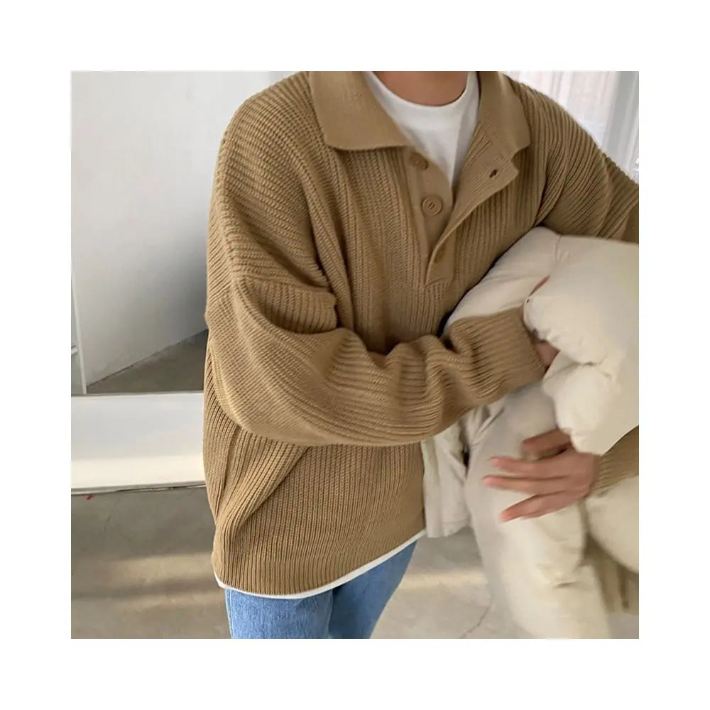 South Korea Dongdaemun Trendy Men s Solid Color Collar Loose Sweater Coat Waving Man Design Knitted Sweater image 3