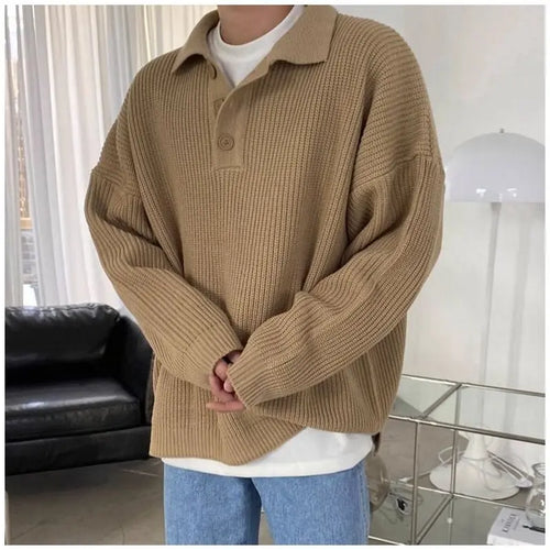 South Korea Dongdaemun Trendy Men s Solid Color Collar Loose Sweater Coat Waving Man Design Knitted Sweater image 4