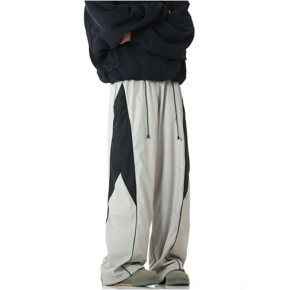 American retro color blocked sports pants drawstring straight leg casual pants high street trendy style hanging loose pants image 2