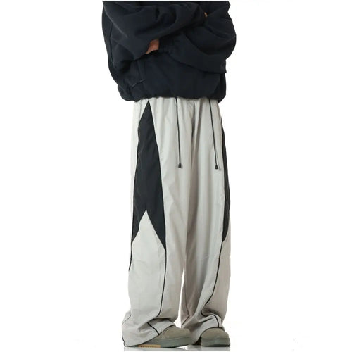 American retro color blocked sports pants drawstring straight leg casual pants high street trendy style hanging loose pants image 2