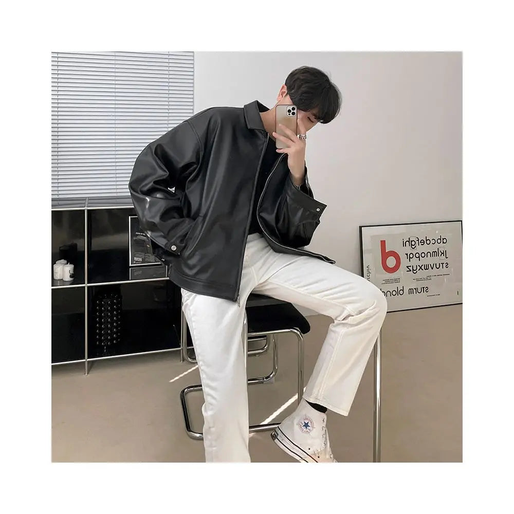 Pi Shuai PU Leather Motorcycle Jacket Spring New Korean Loose Youth Leather Jacket MRCYC Trendy Baseball Leather Jacket image 4