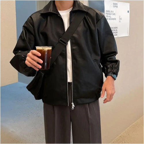 MRCYC simple retro collar leather jacket for men s spring loose motorcycle leather jacket Korean trendy and cool jacket image 0