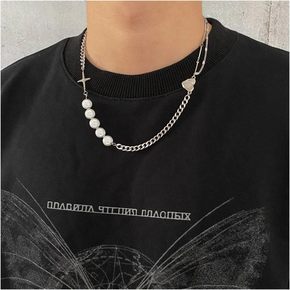 Carmen niche reflective pearl cross patchwork necklace for women light luxury for men trendy hip hop personality versatile collarbone chain image 3