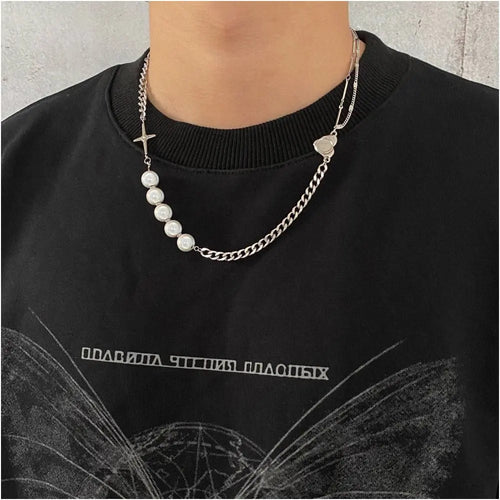 Carmen niche reflective pearl cross patchwork necklace for women light luxury for men trendy hip hop personality versatile collarbone chain image 3