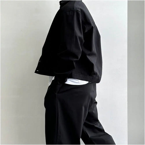 Black short worker jacket men s autumn high street retro VIBE loose casual lapel shirt version jacket image 2