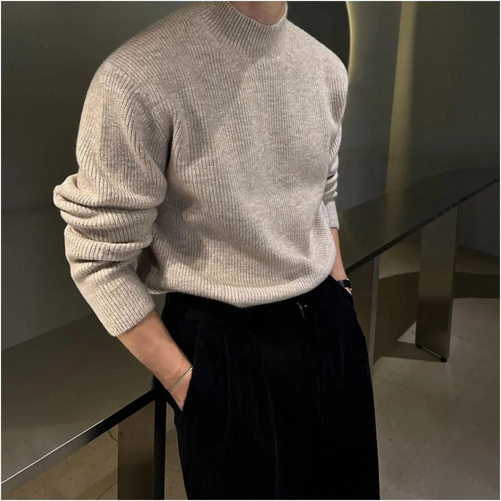 SEMI HIGH-NECK SIMPLE KNIT PULLOVER SWEATER