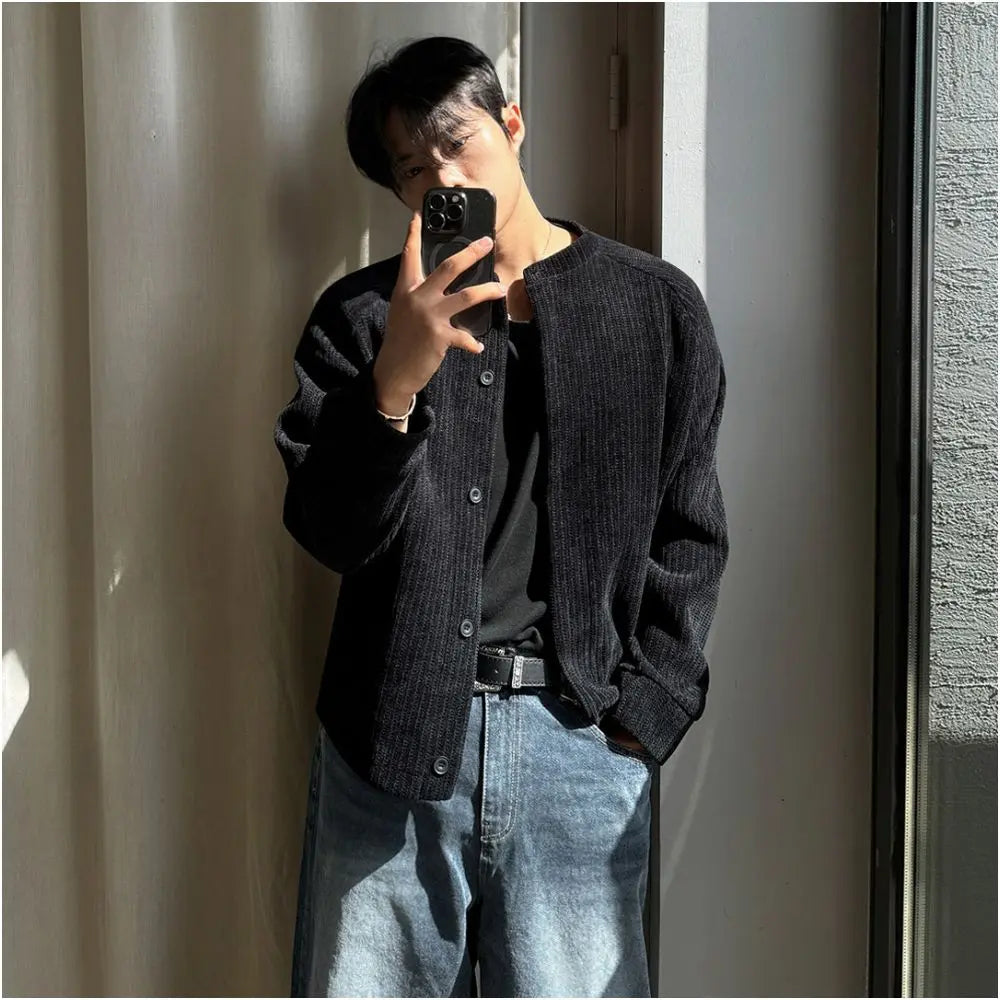 MRCYC corduroy short stand up collar jacket for men s autumn cleanfit jacket Korean lazy style loose top image 0