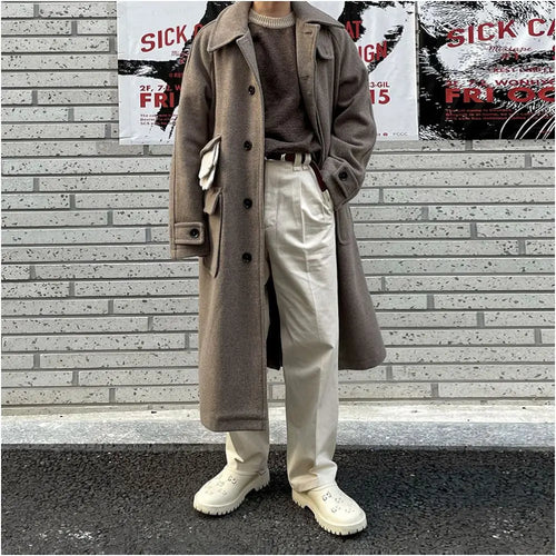 MRCYC premium lapel H shaped woolen coat men s winter thick medium long coat Korean loose woolen windbreaker image 3