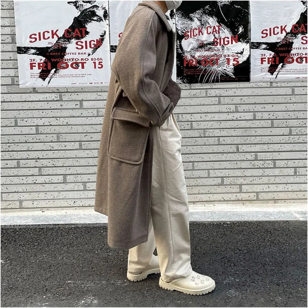 MRCYC premium lapel H shaped woolen coat men s winter thick medium long coat Korean loose woolen windbreaker image 4