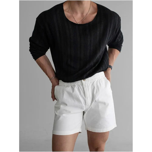 Crew neck ribbed knit long sleeved sun protection T shirt men s autumn casual oversized top lightweight breathable shirt image 0