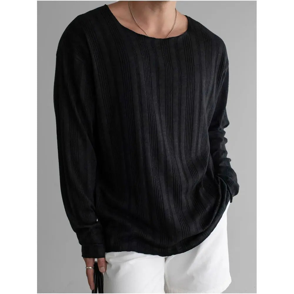 Crew neck ribbed knit long sleeved sun protection T shirt men s autumn casual oversized top lightweight breathable shirt image 1