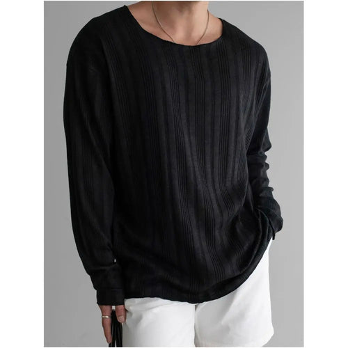 Crew neck ribbed knit long sleeved sun protection T shirt men s autumn casual oversized top lightweight breathable shirt image 1